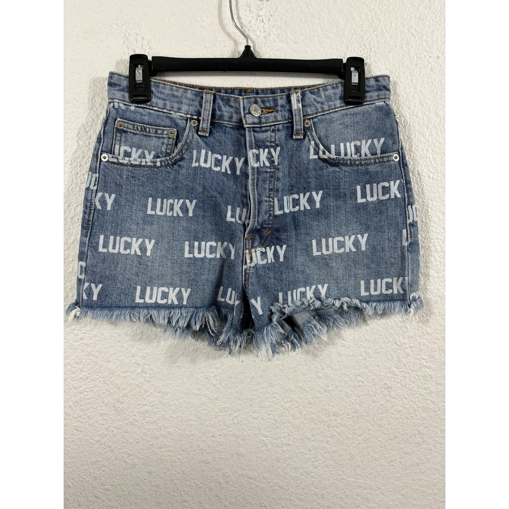 Lucky Brand Shorts Womens 26 Blue High‎ Rise Lucky Pins Denim AOP Button Fly